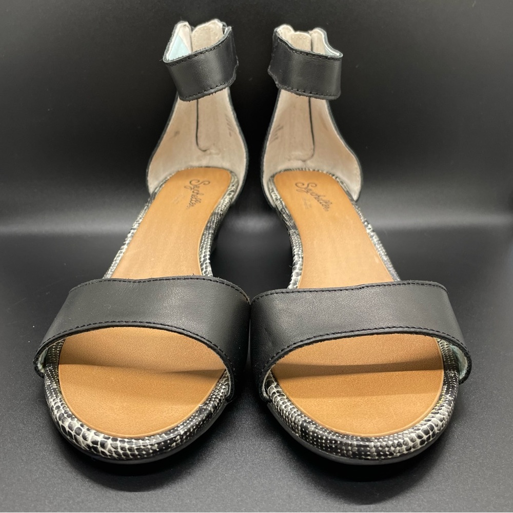 Seychelles, Wedge Sandal, Zippered Back, Reptile Trim, Black, 7.5